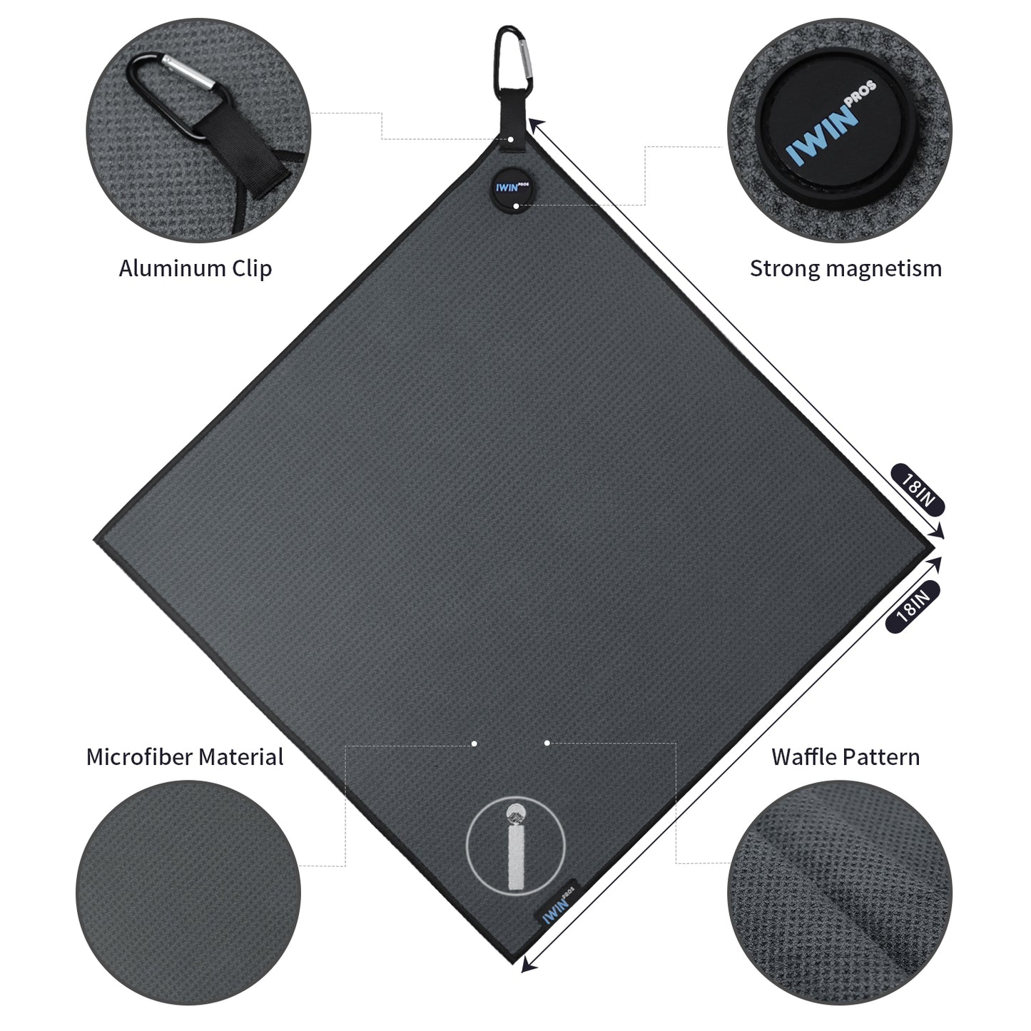 Magnetic Golf Towel, 18" x 18" Waffle Weave Golf Towel with Detachable Clip